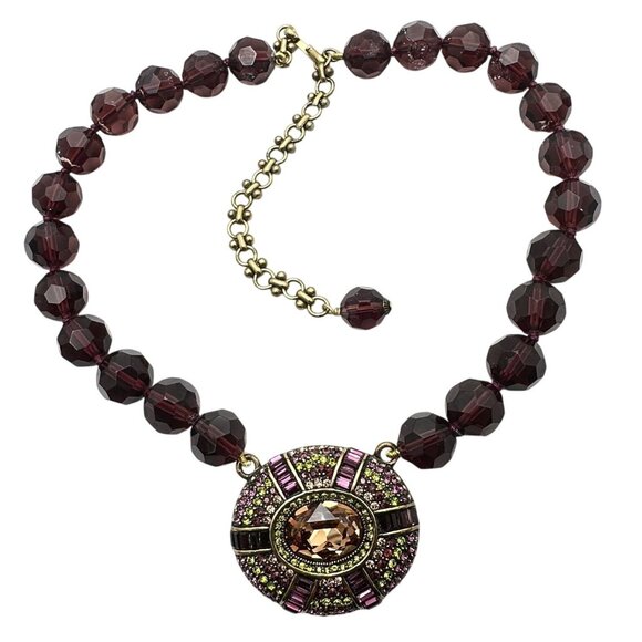 Heidi Daus Multicolor Crystal Purple Bead Bronze Tone Pendant Necklace